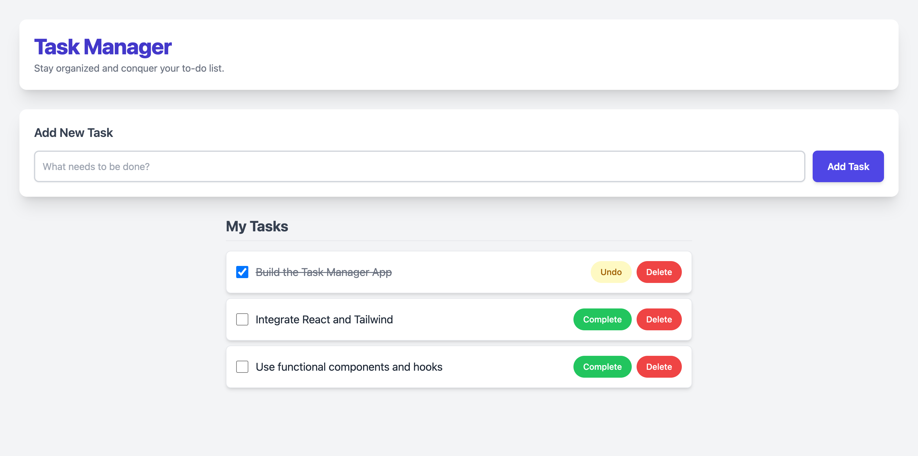 Screenshot of the working React task manager app generated by Gemma 4 E4B